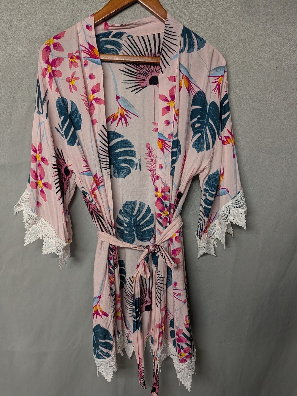 Desirae Floral Pink Robe from Adore Me Tropical Floral Lace-Trim Kimono Robe